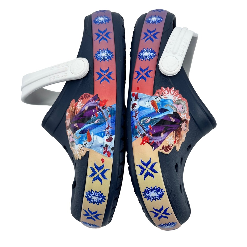 Crocs Fun Lab Disney Frozen 2 Elsa‎ Anna Olaf Navy Blue Clogs Kids Size J2